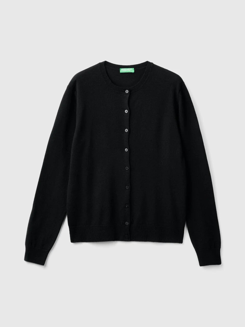 BLACK CREW NECK CARDIGAN IN PURE MERINO WOOL