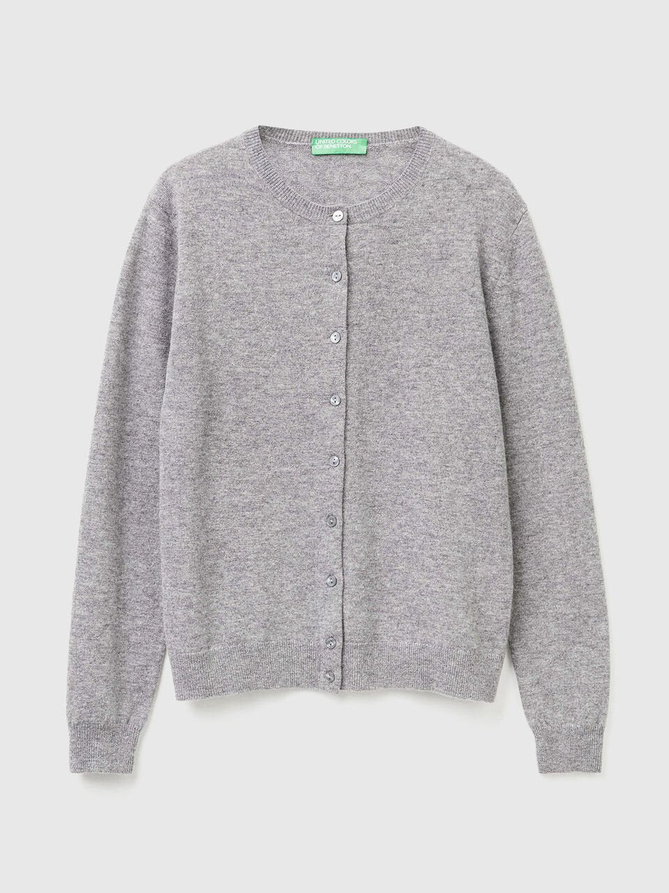 MARL GRAY CREW NECK CARDIGAN IN PURE MERINO WOOL