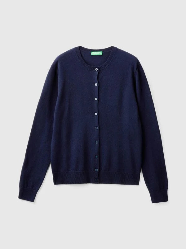 DARK BLUE CREW NECK CARDIGAN IN PURE MERINO WOOL