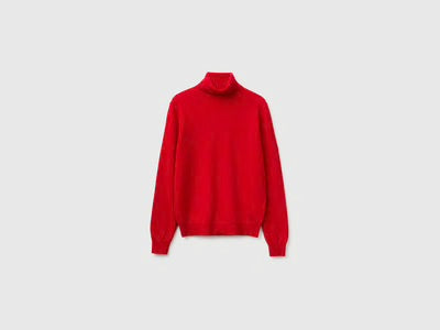Red merino wool polo neck jumper