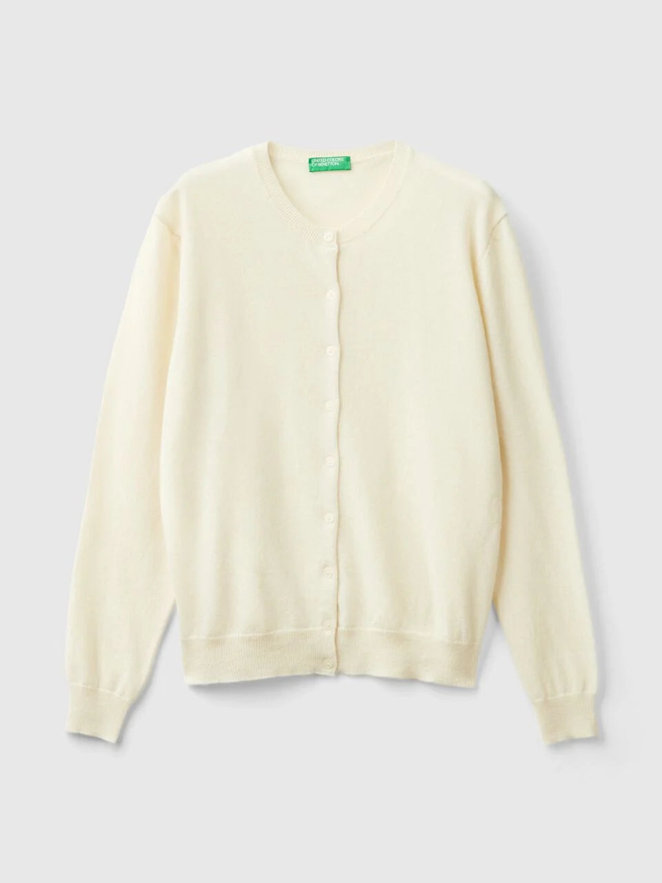 CREAM CREW NECK CARDIGAN IN PURE MERINO WOOL