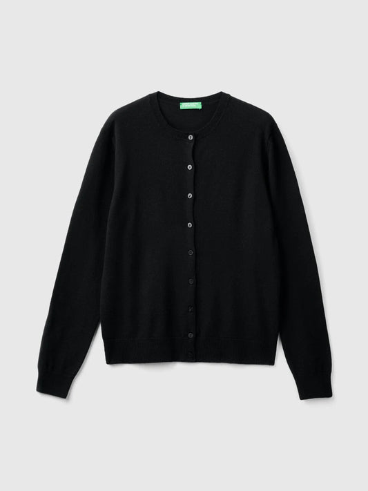 BLACK CREW NECK CARDIGAN IN PURE MERINO WOOL