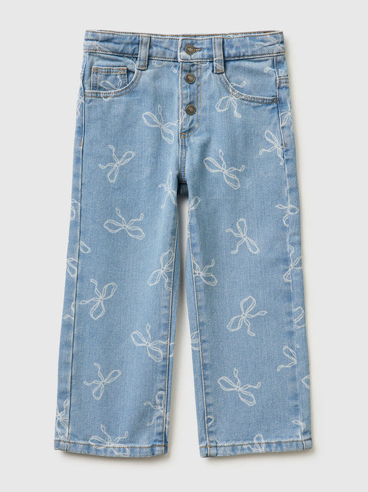 Printed bow detail soft denim jeans