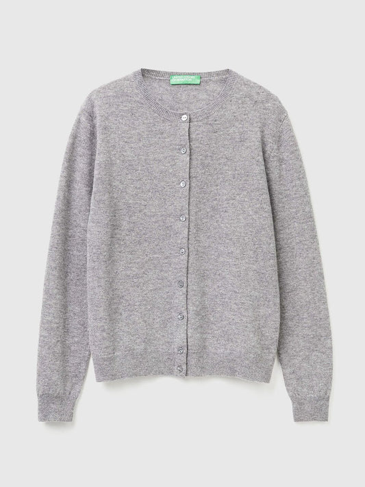 MARL GRAY CREW NECK CARDIGAN IN PURE MERINO WOOL