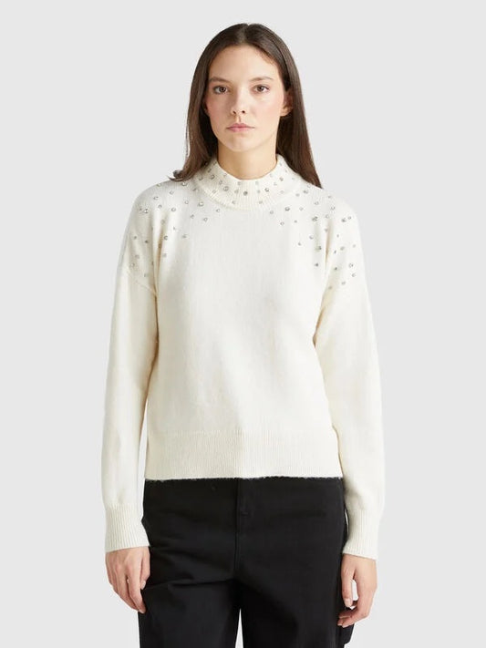 Womens turtle neck knitwear with rhinestones