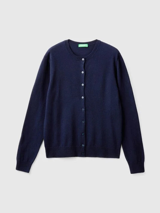 DARK BLUE CREW NECK CARDIGAN IN PURE MERINO WOOL
