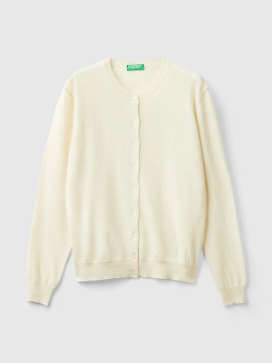 CREAM CREW NECK CARDIGAN IN PURE MERINO WOOL