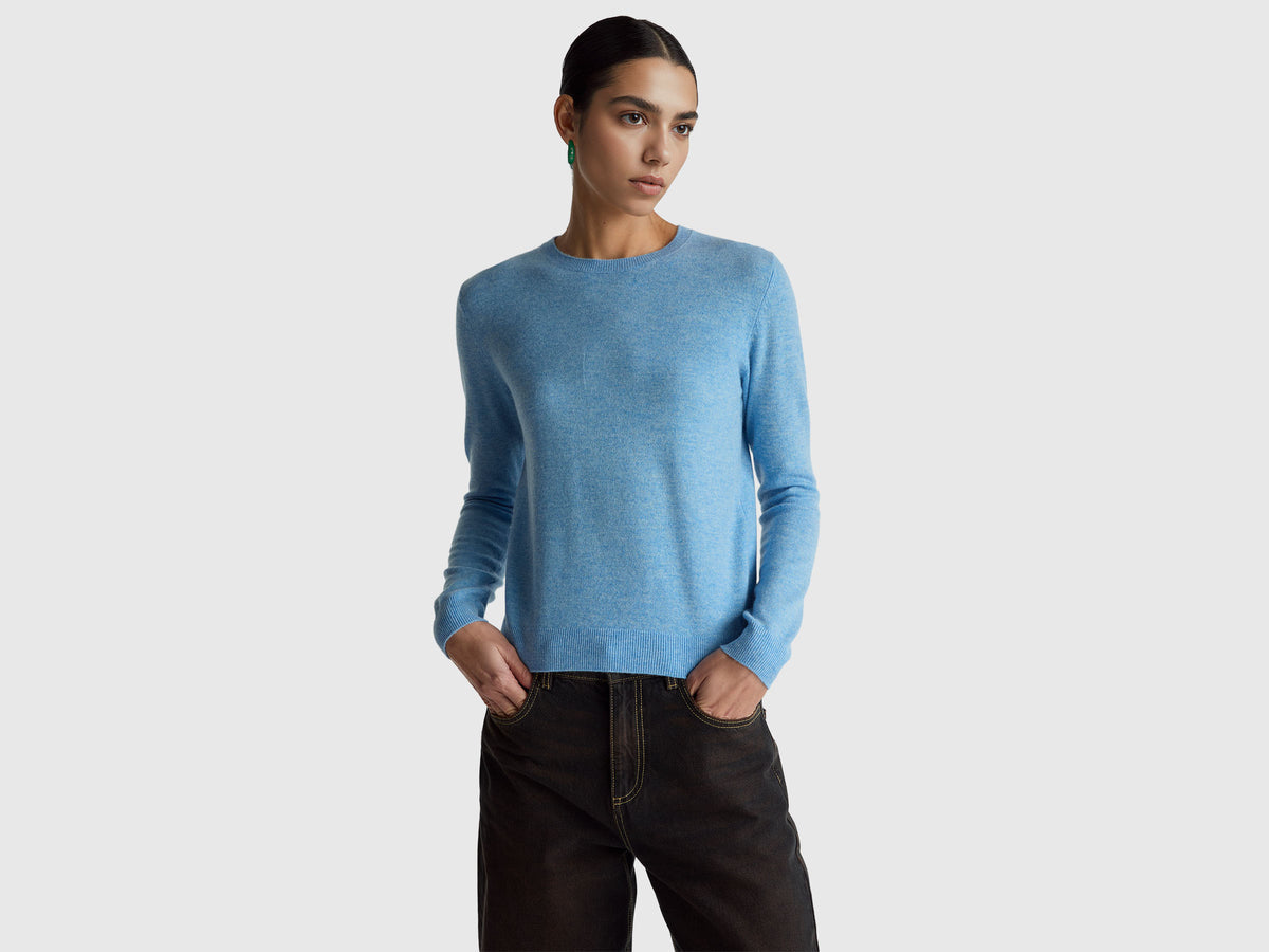 Light blue crew neck sweater in Merino wool